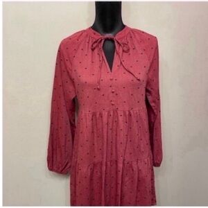 Zara Women’s Burgundy Long Sleeve Dress with Black Dots Size M